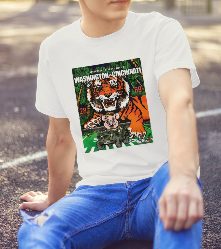 Washington Vs Cincinnati September 23 2024 Week 3 Tiger And Pig Illustration Cannvis Football Showdown T-Shirt