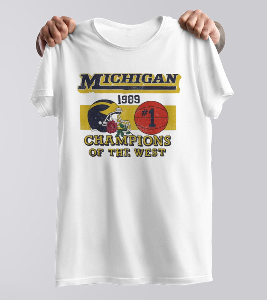 Michigan Wolverines 1989 Champions Of The West #1 Vintage Football And Basketball T-Shirt