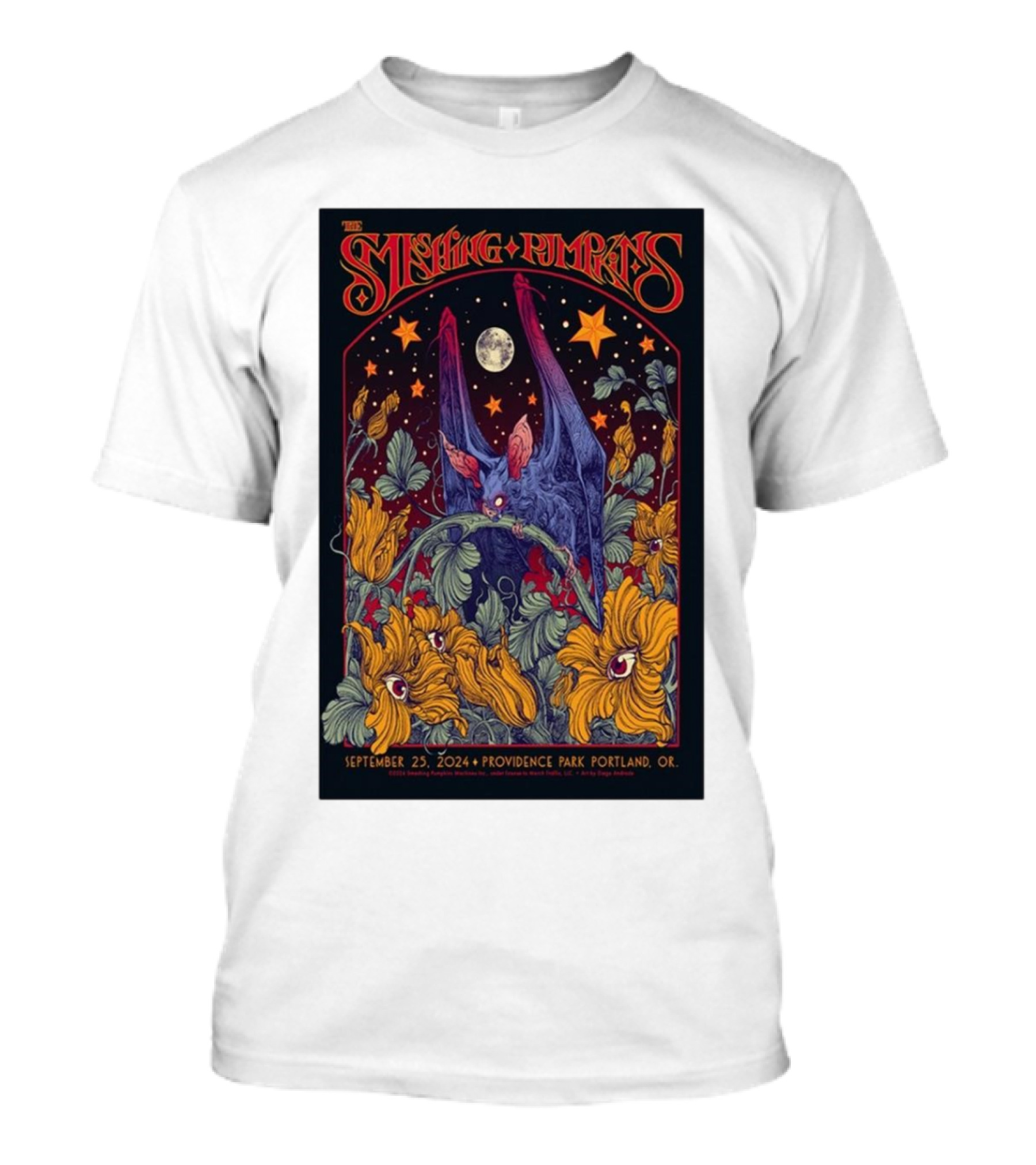 The Smashing Pumpkins September 25, 2024 Providence Park Portland OR Tour Night Sky Floral Bat T-Shirt