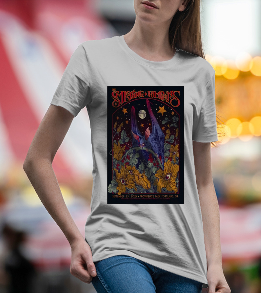 The Smashing Pumpkins September 25, 2024 Providence Park Portland OR Tour Night Sky Floral Bat T-Shirt