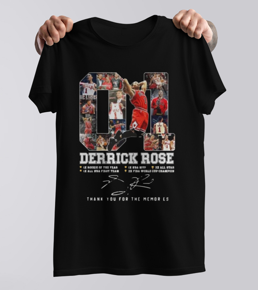 Derrick Rose Thank You For The Memories 1x Rookie Of The Year 1x NBA MVP 3x All Star 1x All NBA First Team 2x FIBA World Cup Champion T-Shirt