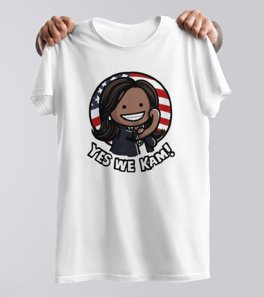 Yes We Kam Kamala Harris Cartoon American Flag Background T-Shirt