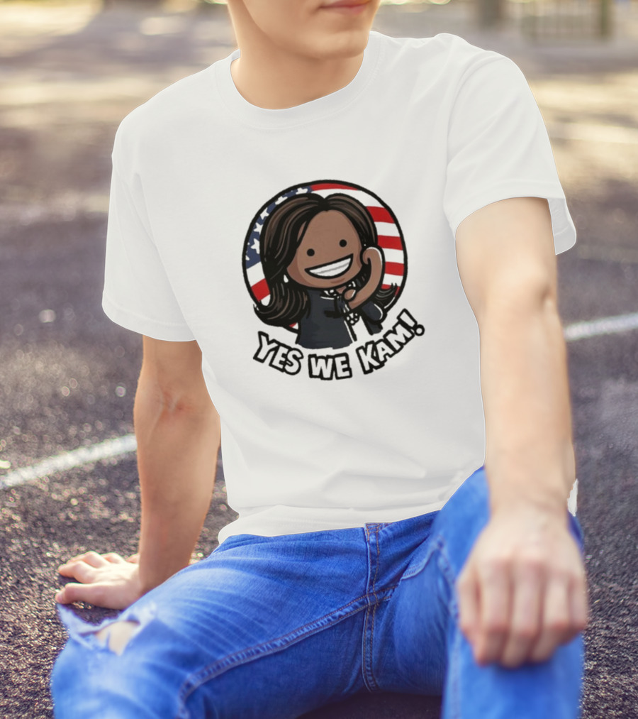 Yes We Kam Kamala Harris Cartoon American Flag Background T-Shirt