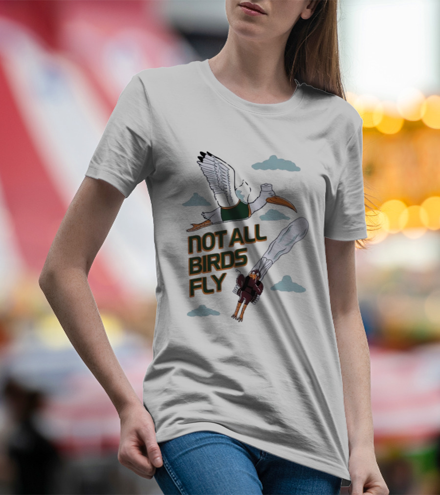 Miami Hurricanes Not All Birds Fly Ibis And Jetpack Seagull Clouds T-Shirt