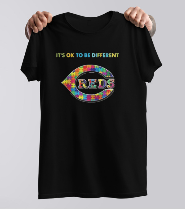 Cincinnati Reds It's Ok To Be Different Autism Puzzle Logo T-Shirt