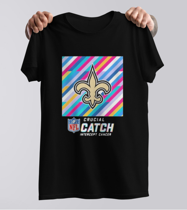NFL Crucial Catch Intercept Cancer New Orleans Saints 2024 Fleur-de-lis Logo Multicolor Stripes T-Shirt