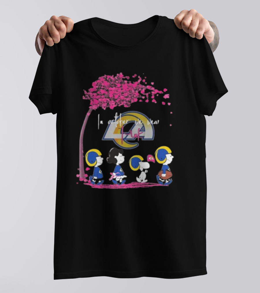 Peanuts Characters Los Angeles Rams In October We Wear Pink 2024 Under Cherry Blossom Tree T-Shirt