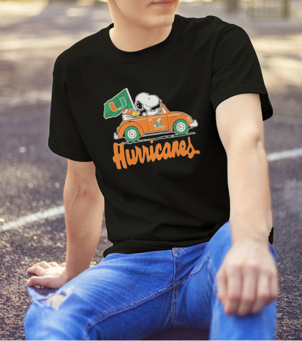 Peanuts Snoopy Woodstock Miami Hurricanes Car Driving With Flag T-Shirt