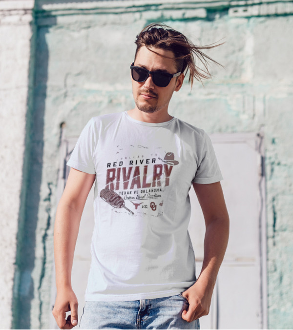 Dallas TX Red River Rivalry Texas Vs Oklahoma Cotton Bowl Stadium Corn Dog Match Up Texas Longhorns Vs Oklahoma Sooners T-Shirt