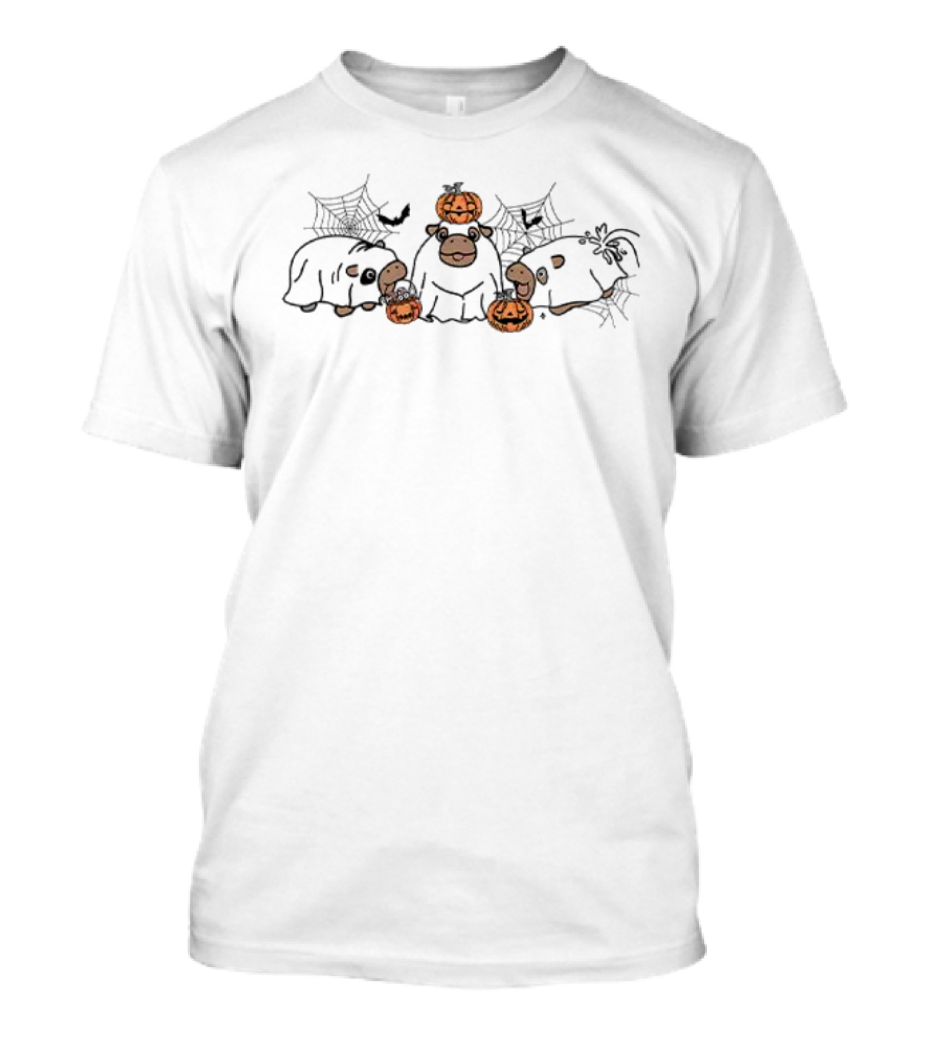 Halloween Moo Deng Ghost With Pumpkins And Spider Webs T-Shirt
