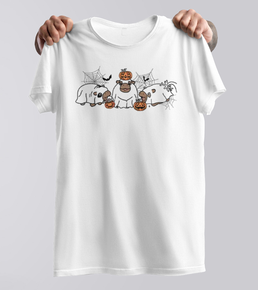 Halloween Moo Deng Ghost With Pumpkins And Spider Webs T-Shirt