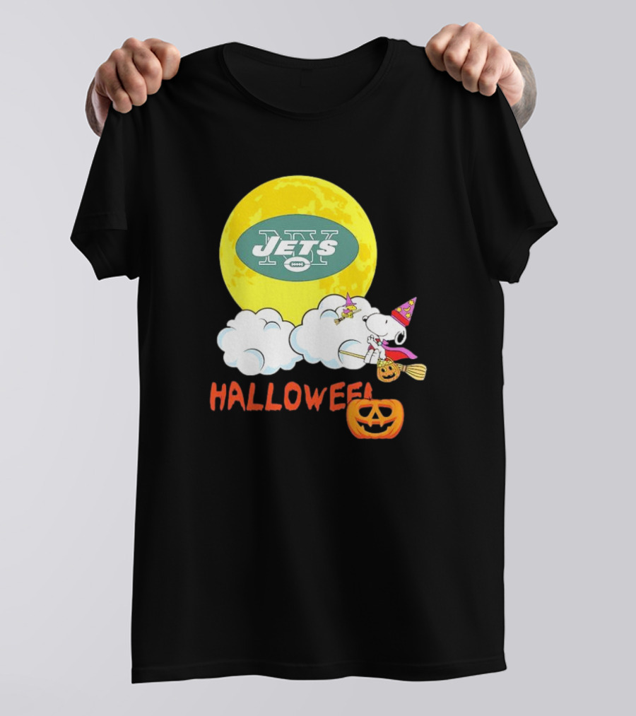 Snoopy Jets NFL Halloween 2024 Moon Pumpkin Clouds T-Shirt