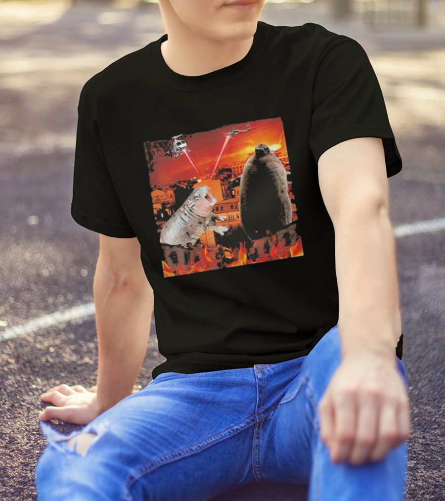 Moo Deng Pesto Helicopter Laser Battle Destroy City Fire Scene T-Shirt