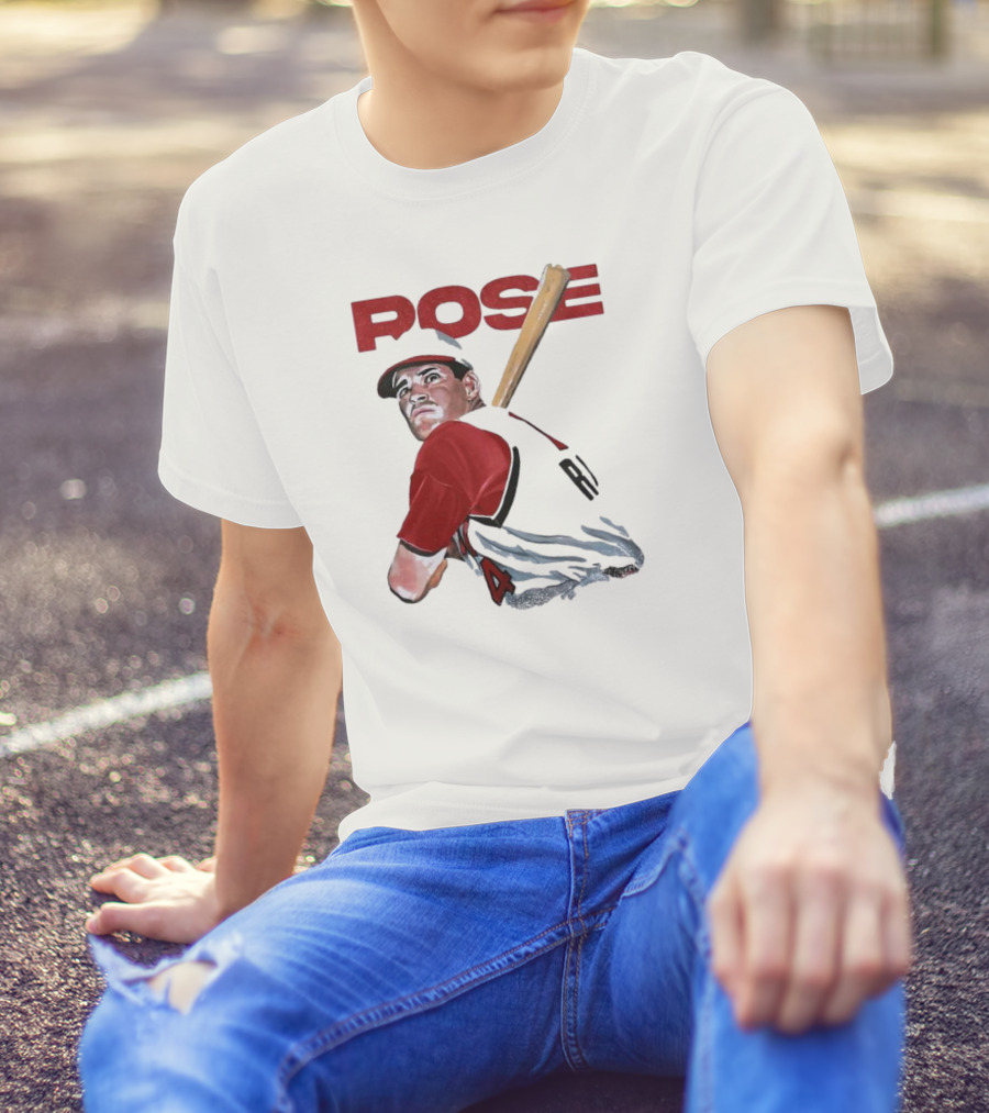 Pete Rose Baseball Bat Portrait Iconic Red Jersey T-Shirt