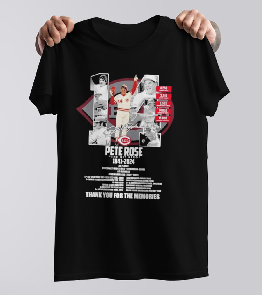 Pete Rose Cincinnati Reds The Hit King 1941-2024 Thank You For The Memories Signature Highlights T-Shirt