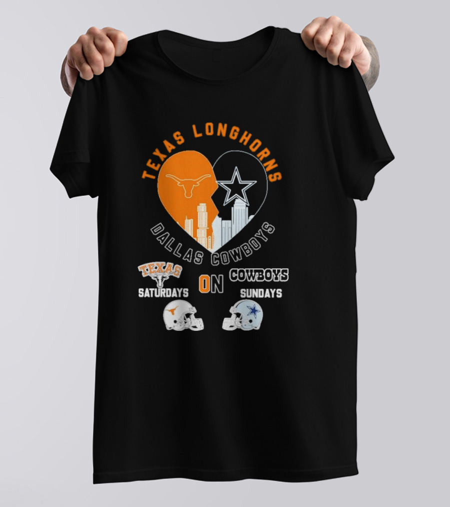 Texas Longhorns Dallas Cowboys Heart Skyline Saturdays Sundays Football Helmets T-Shirt