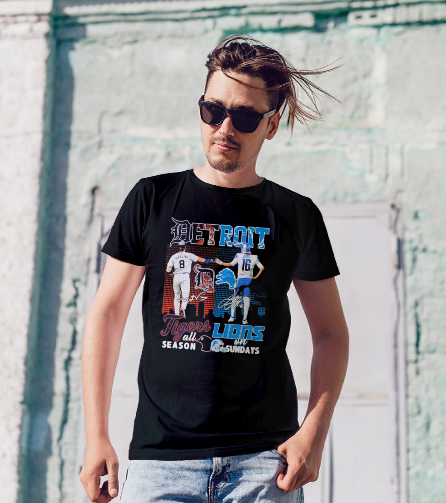 Detroit Tigers All Season X Detroit Lions On Sundays Detroit Tigers Lions Logos Sports Icons Collaboration T-Shirt