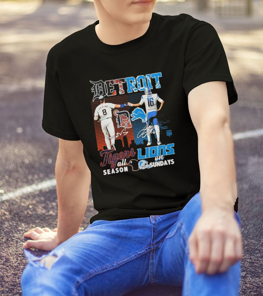 Detroit Tigers All Season X Detroit Lions On Sundays Detroit Tigers Lions Logos Sports Icons Collaboration T-Shirt