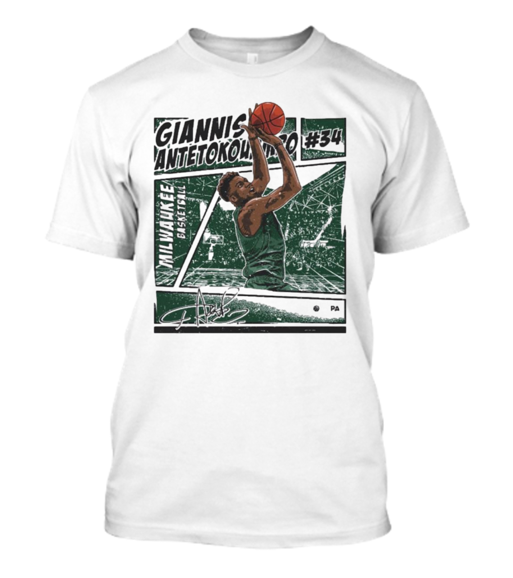 Giannis Antetokounmpo #34 Milwaukee Bucks Basketball Comic Signature Dunk Scene T-Shirt
