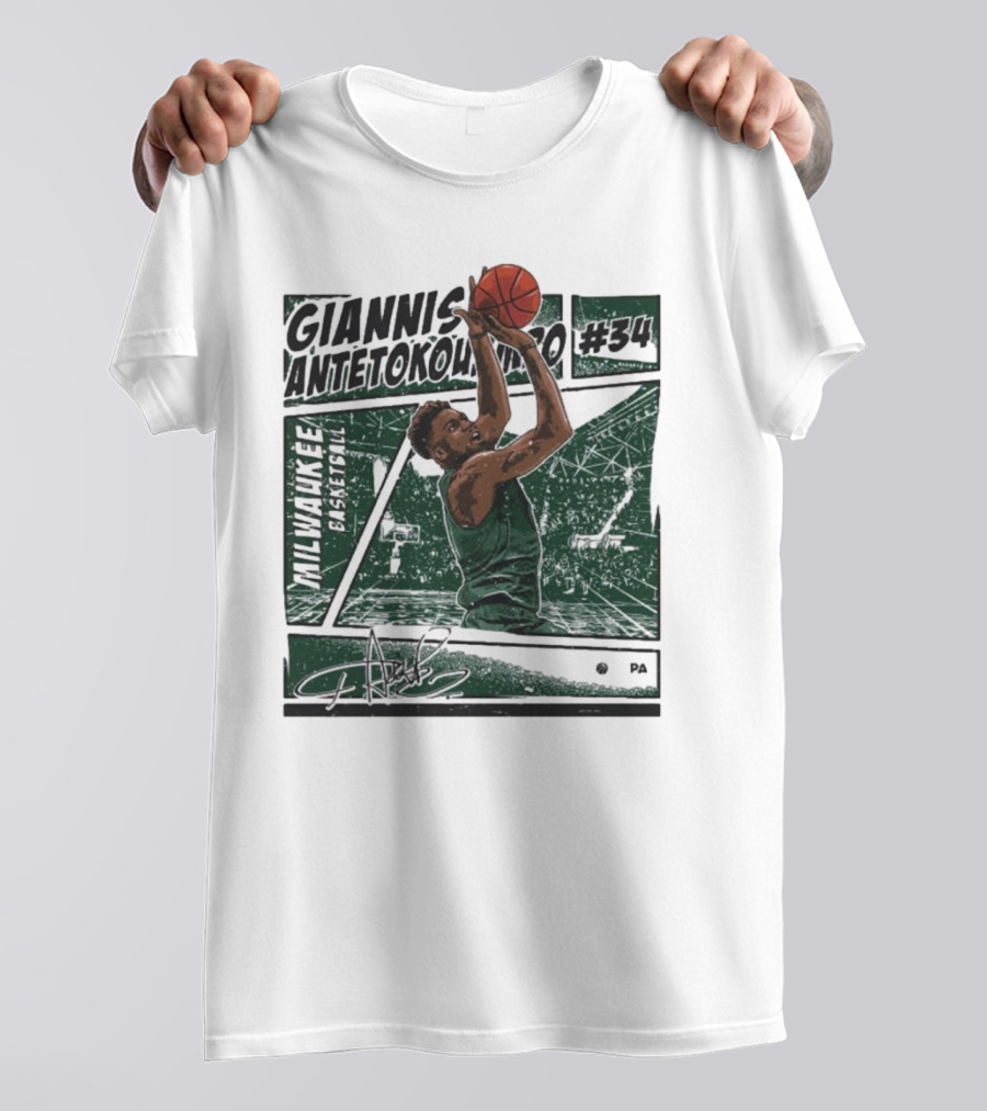 Giannis Antetokounmpo #34 Milwaukee Bucks Basketball Comic Signature Dunk Scene T-Shirt