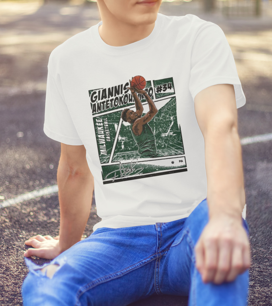 Giannis Antetokounmpo #34 Milwaukee Bucks Basketball Comic Signature Dunk Scene T-Shirt