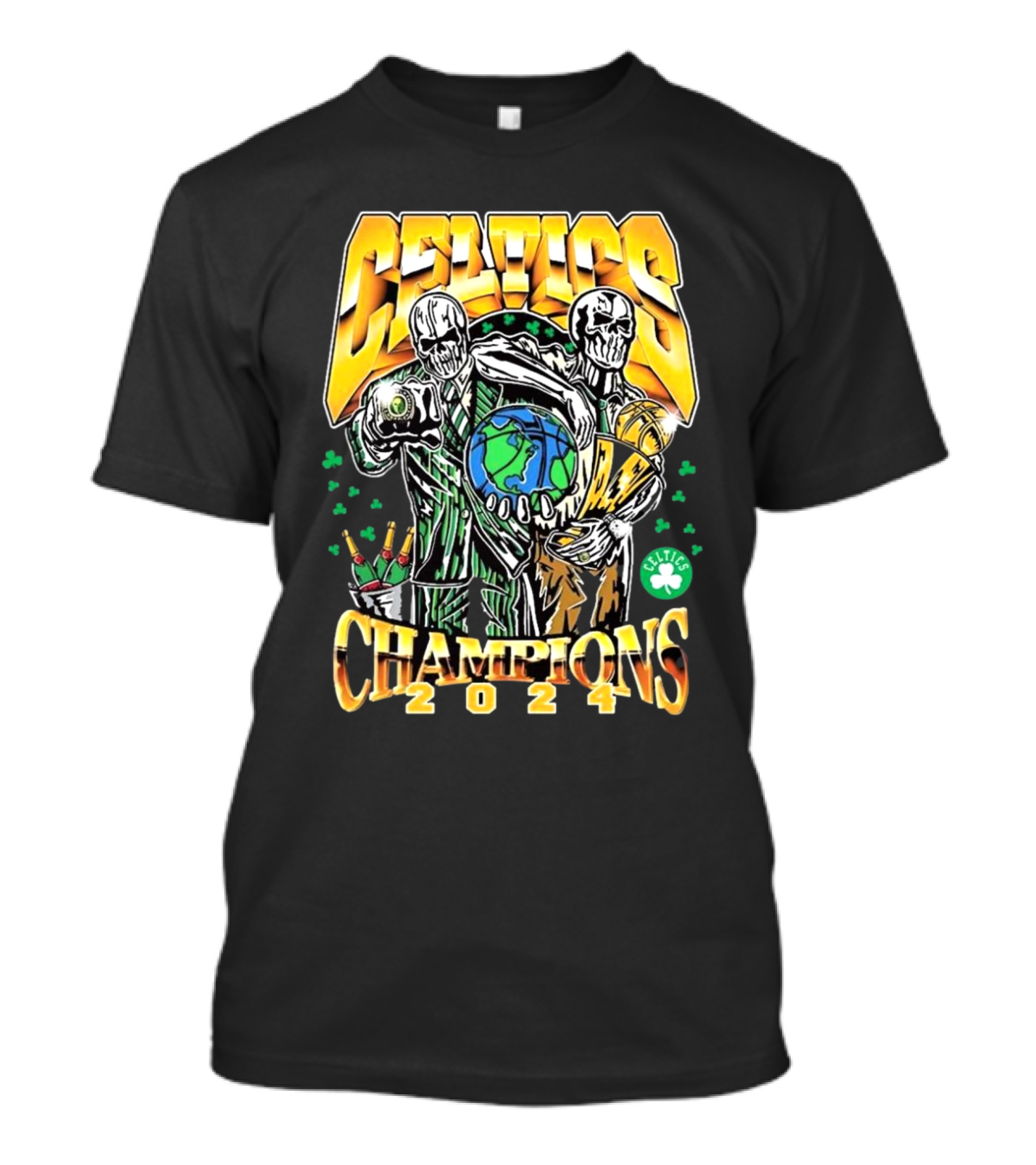 Celtics NBA Champions 2024 Painting With Skeletons And Globe T-Shirt