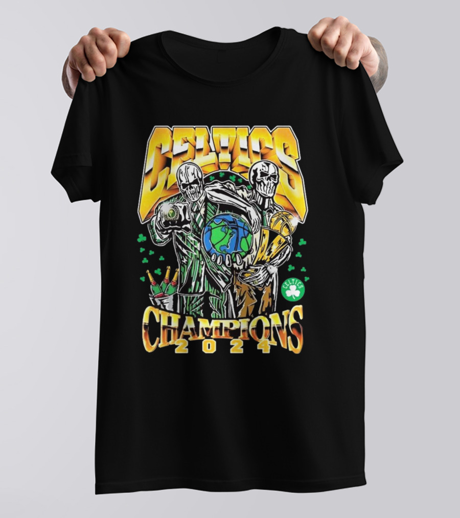 Celtics NBA Champions 2024 Painting With Skeletons And Globe T-Shirt