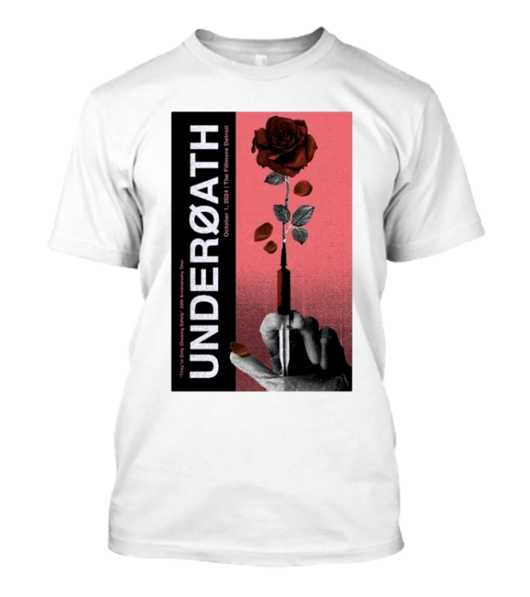 UNDERØATH October 1 2024 The Fillmore Detroit Voyeurist The Digital Ghost Experience North American Tour Red Rose And Hand T-Shirt