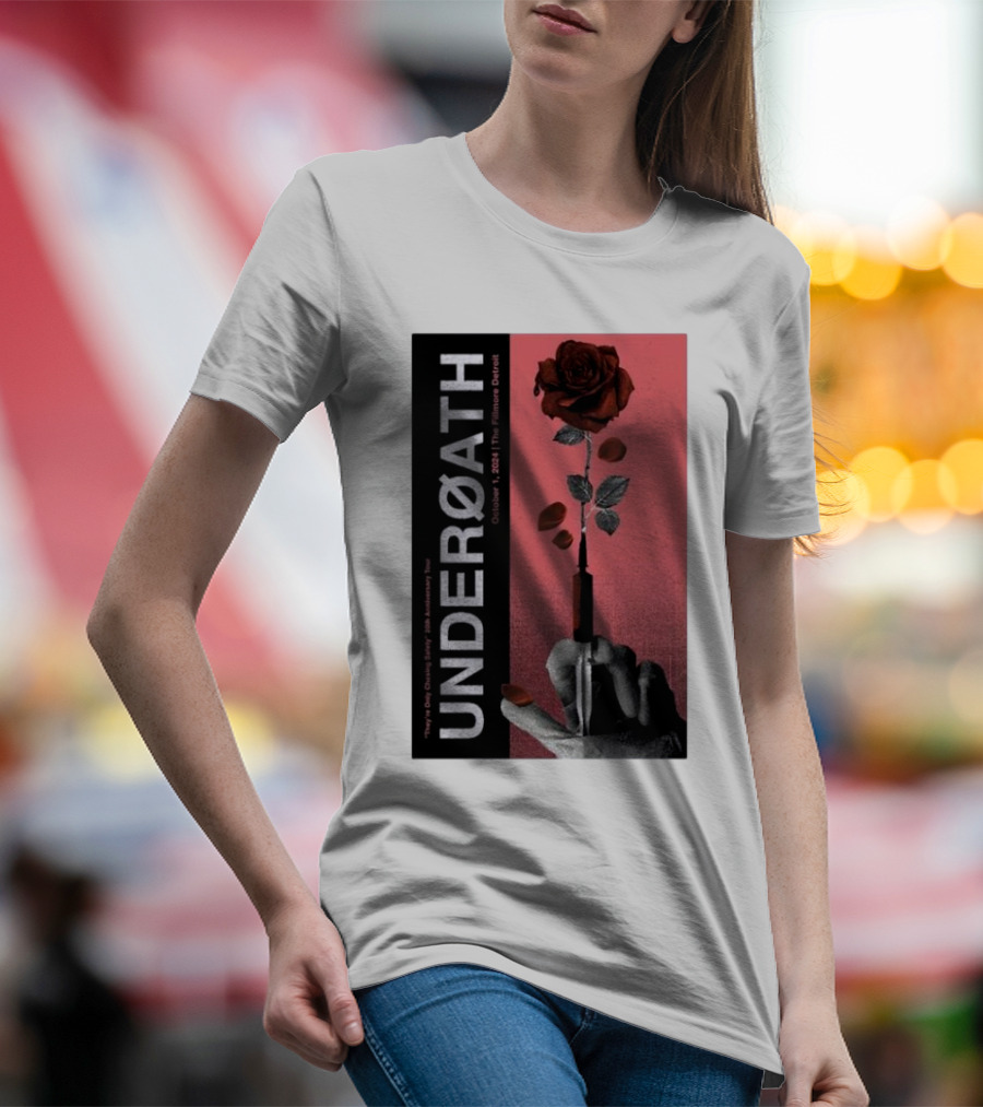 UNDERØATH October 1 2024 The Fillmore Detroit Voyeurist The Digital Ghost Experience North American Tour Red Rose And Hand T-Shirt