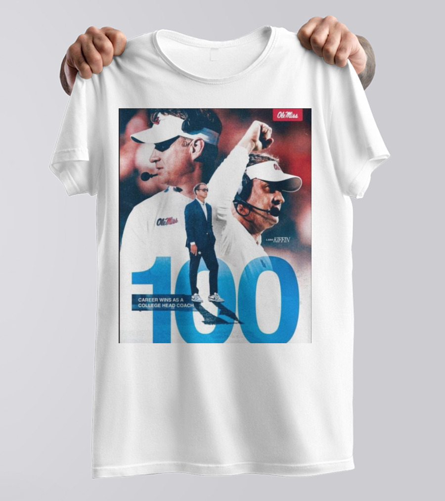 Ole Miss Rebels Lane Kiffin 100 Career Wins College Head Coach T-Shirt