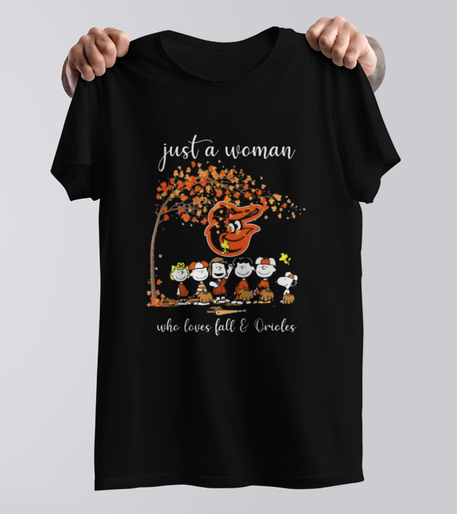 Peanuts Characters Just A Woman Who Loves Fall And Orioles T-Shirt