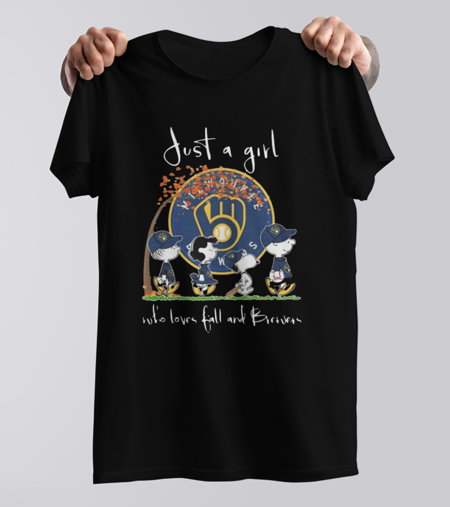 Peanuts Characters Just A Girl Who Loves Fall And Milwaukee Brewers T-Shirt