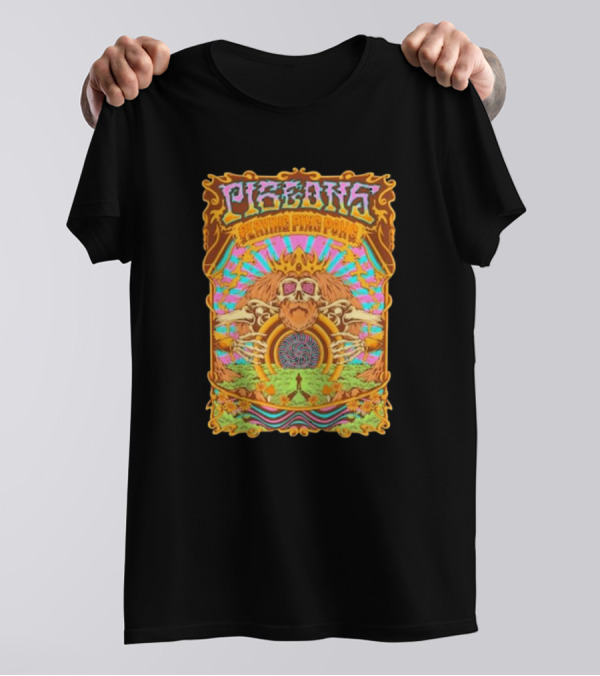 Pigeons Playing Ping Pong Psychedelic Fall Winter 2024 Skull Vibrant Wave T-Shirt