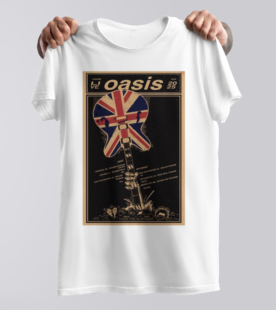 Oasis Live 2025 Toronto Rogers August 24-25 Union Jack Guitar Vintage Style Stadium Tour T-Shirt