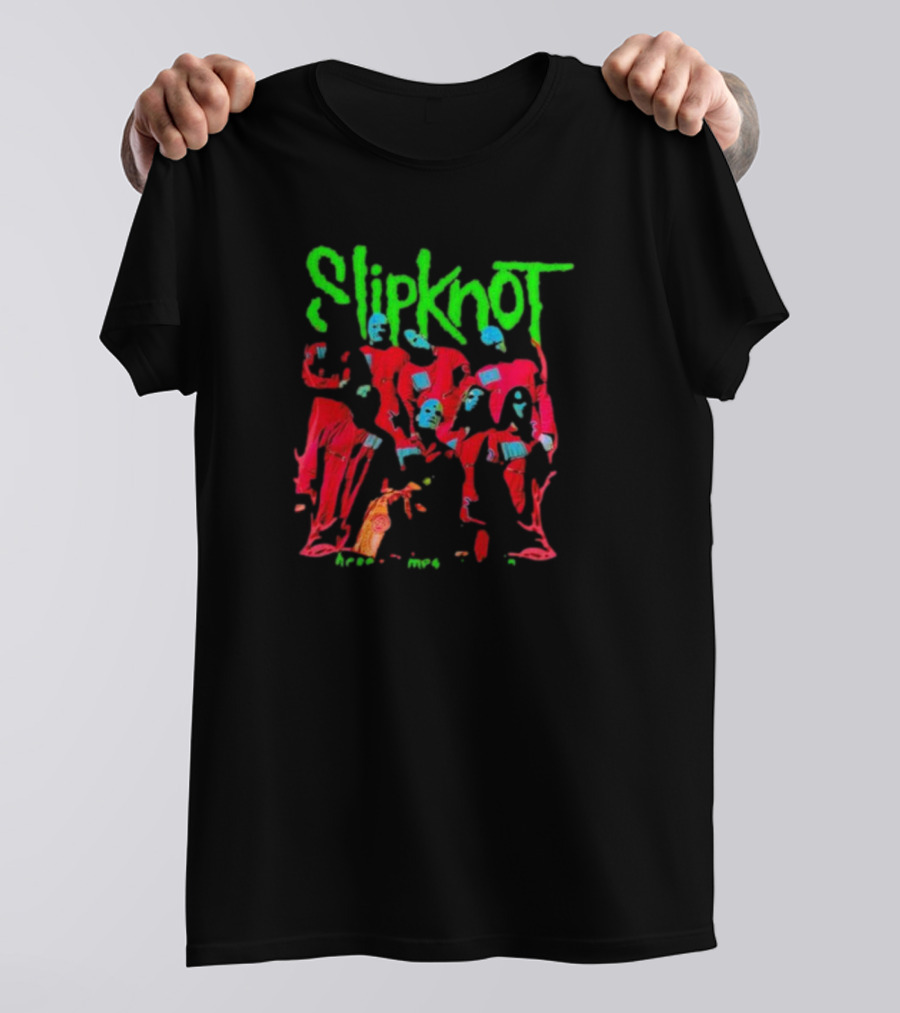 Slipknot Here Comes The Pain Band Members Red Jumpsuits Green Text T-Shirt