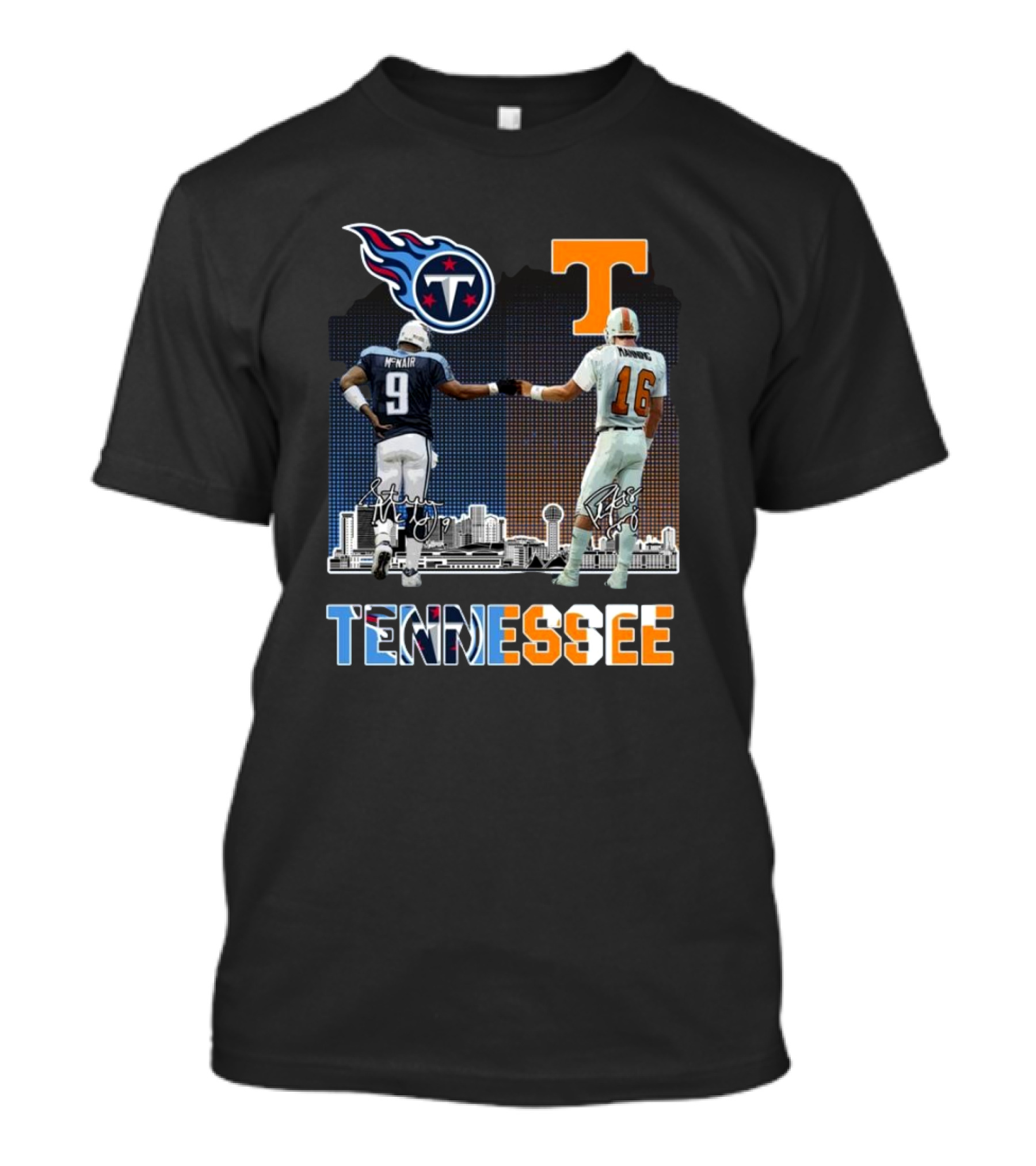 Tennessee Titans Volunteers City Champion Signatures 2024 Steve McNair Peyton Manning T-Shirt