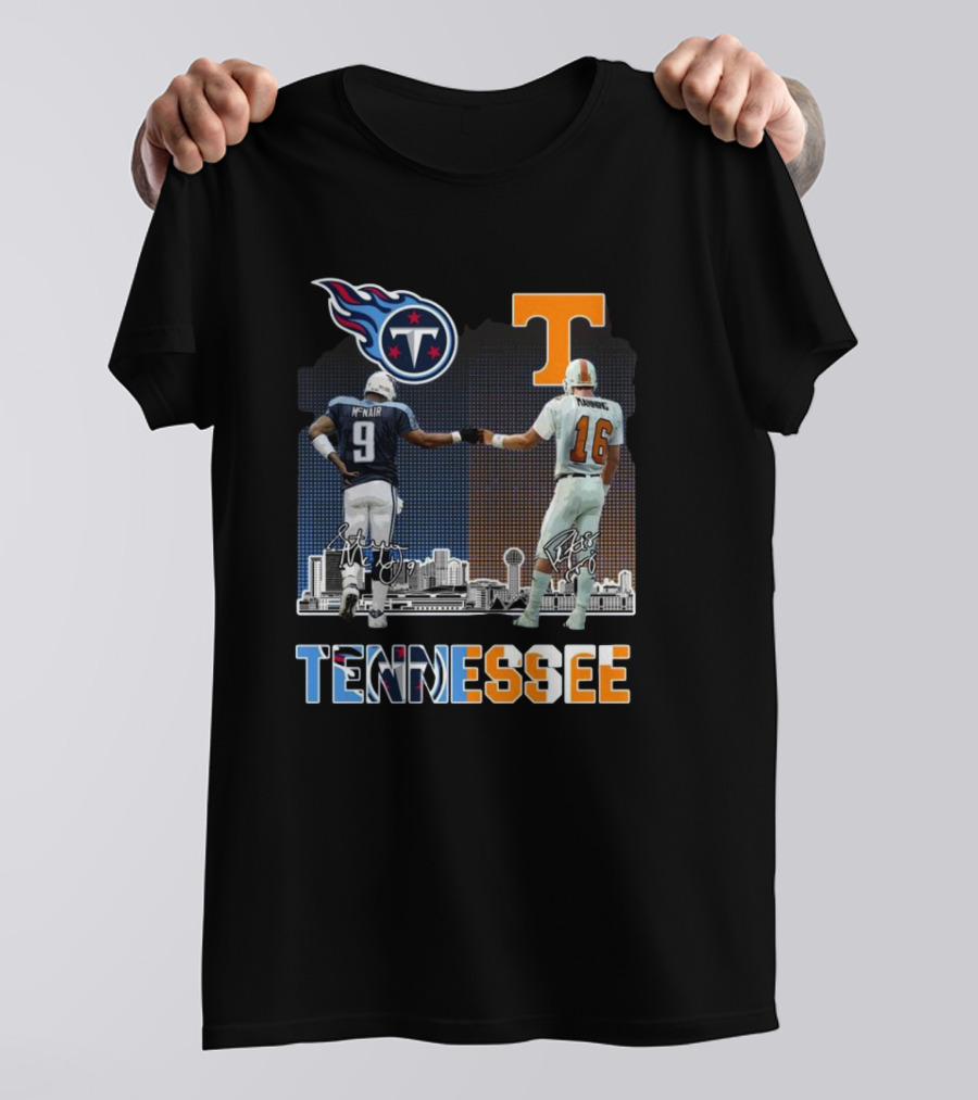 Tennessee Titans Volunteers City Champion Signatures 2024 Steve McNair Peyton Manning T-Shirt