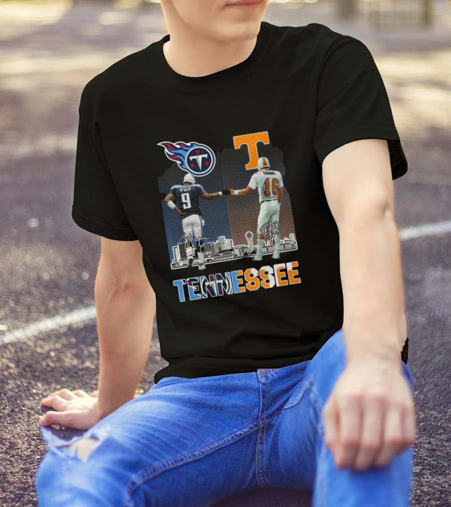 Tennessee Titans Volunteers City Champion Signatures 2024 Steve McNair Peyton Manning T-Shirt