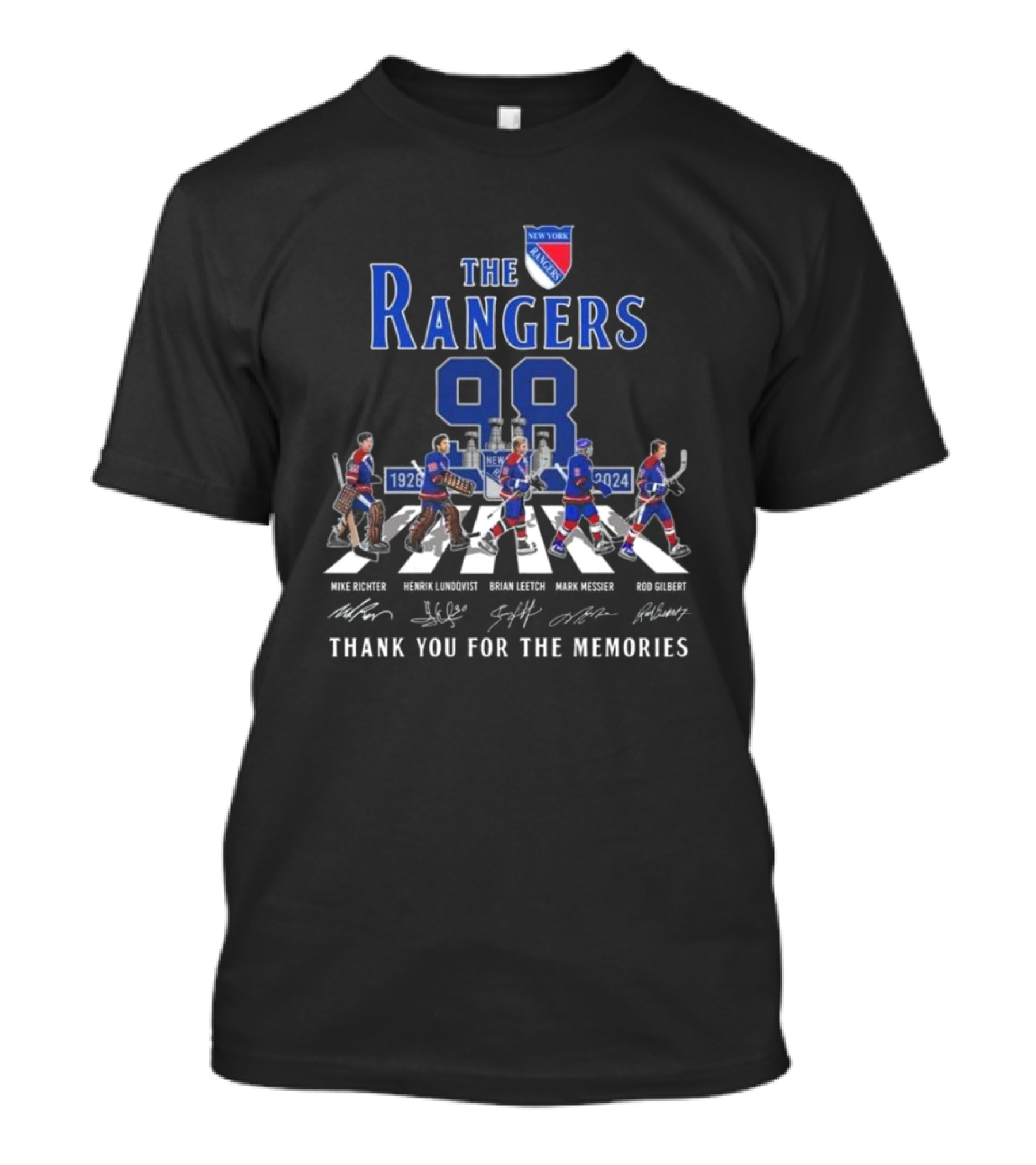 The Rangers 98 New York 1926-2024 Thank You For The Memories Abbey Road Mike Richter Henrik Lundqvist Brian Leetch Mark Messier Rod Gilbert T-Shirt