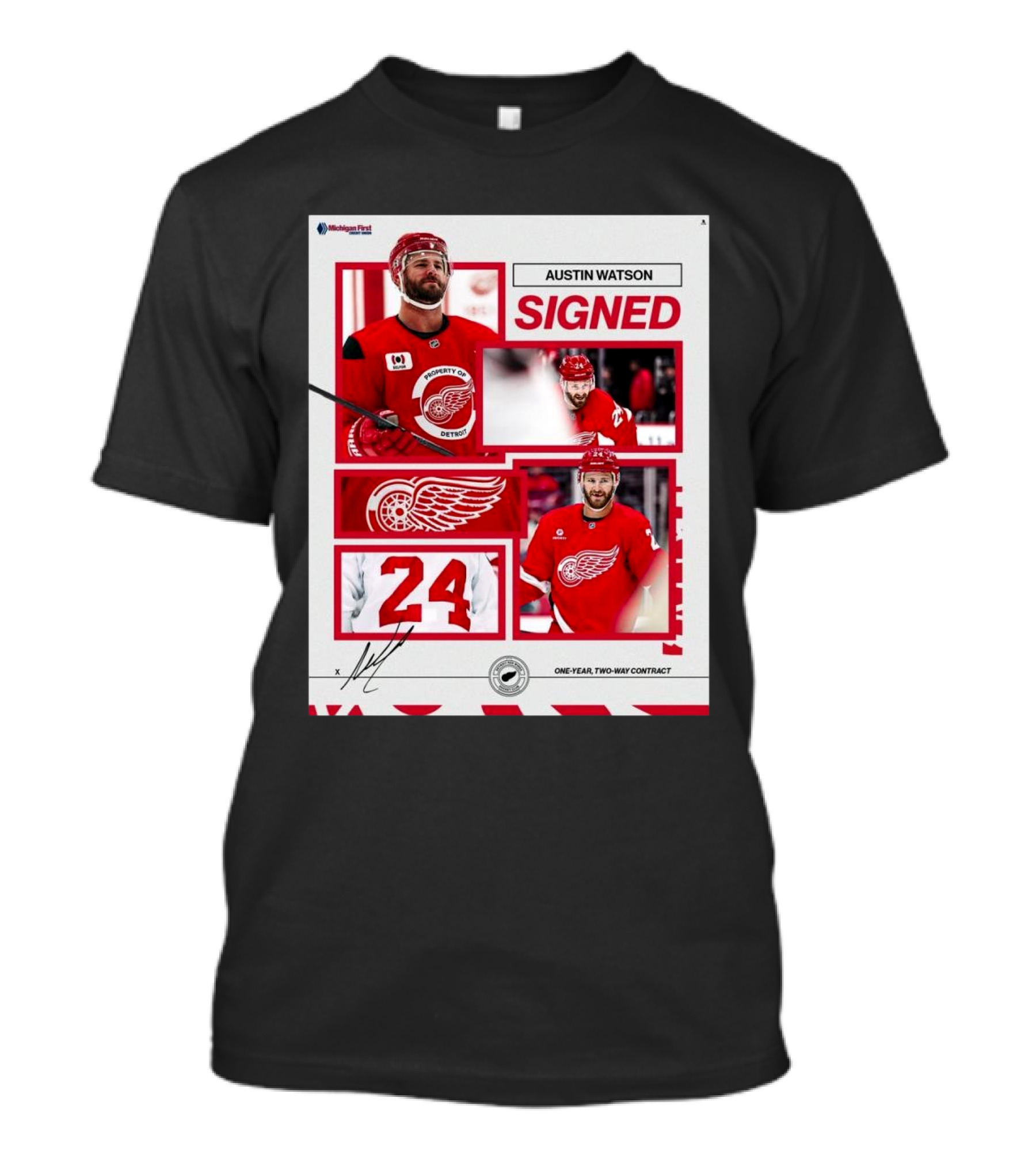 Austin Watson Detroit Red Wings Signed One Year Two Way Contract 24 Signature T-Shirt