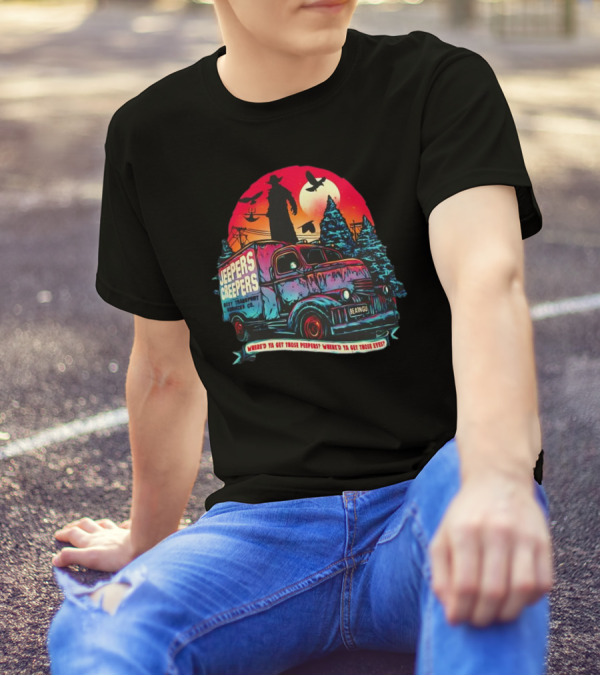 Jeepers Creepers Body Transport Services Co Where’d Ya Get Those Peepers Eyes Vintage Truck Haunted Forest Scene T-Shirt