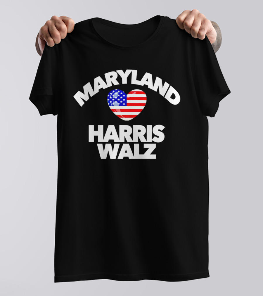 Maryland Loves Harris Walz Heart-Shaped USA Flag T-Shirt