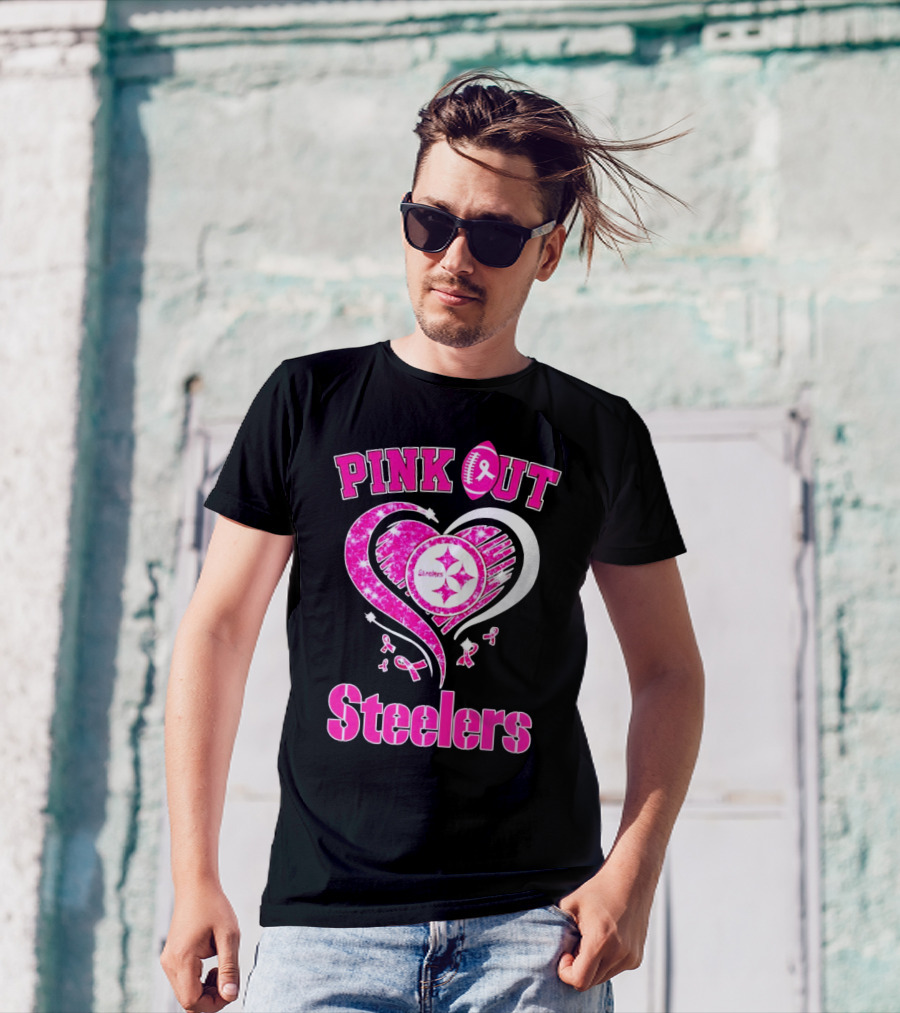 Pink Out Steelers Breast Cancer Heart Diamond T-Shirt