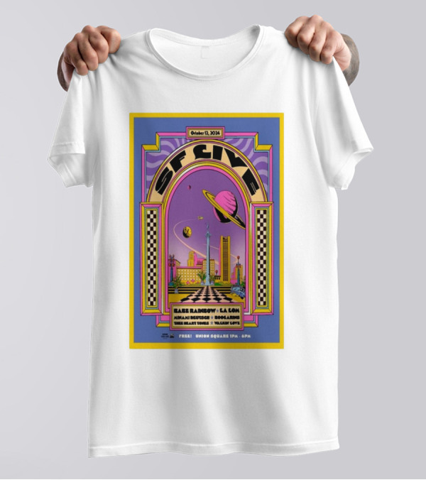 October 12 2024 SF Live Free Union Square Babe Rainbow La Lom Miriam Dufour Hook Arms Blue Heart Noon Galaxy Love T-Shirt