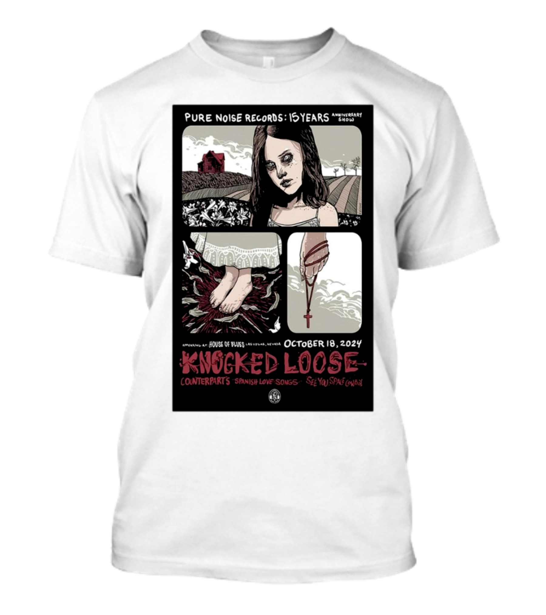 Pure Noise Records 15 Years Anniversary Knocked Loose House Of Blues Las Vegas October 18 2024 Counterparts Spanish Love Songs See You Space Cowboy T-Shirt