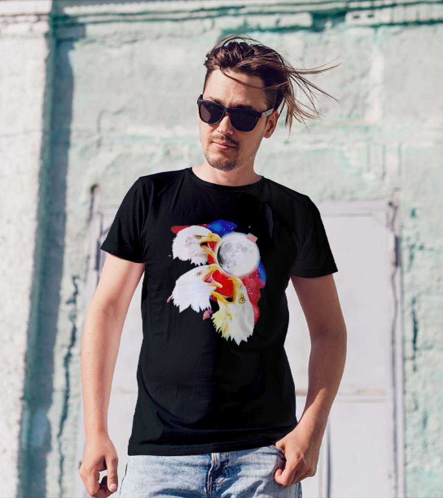 Three Eagles To The Moon American Flag Lunar Trio T-Shirt