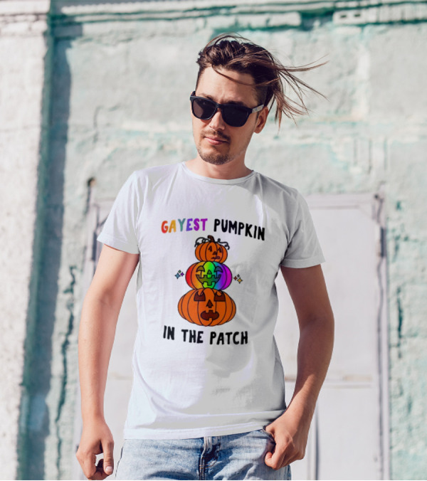 Gayest Rainbow Pumpkin In The Patch Stacked Jack-O-Lanterns T-Shirt
