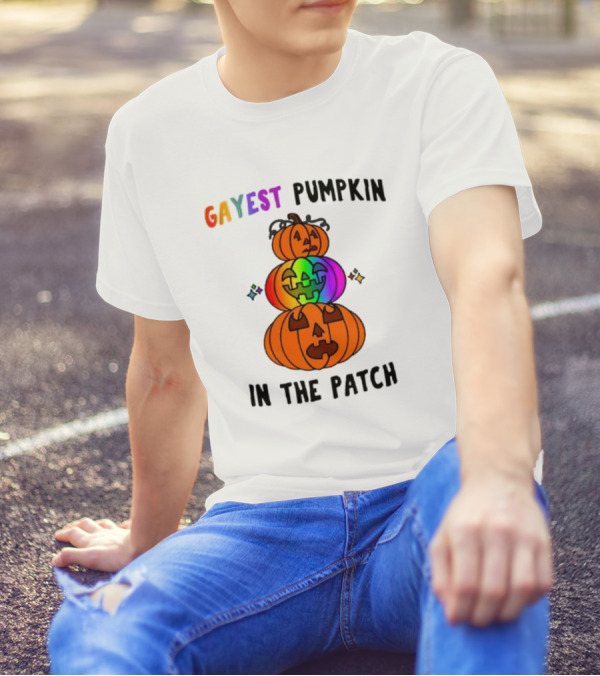 Gayest Rainbow Pumpkin In The Patch Stacked Jack-O-Lanterns T-Shirt