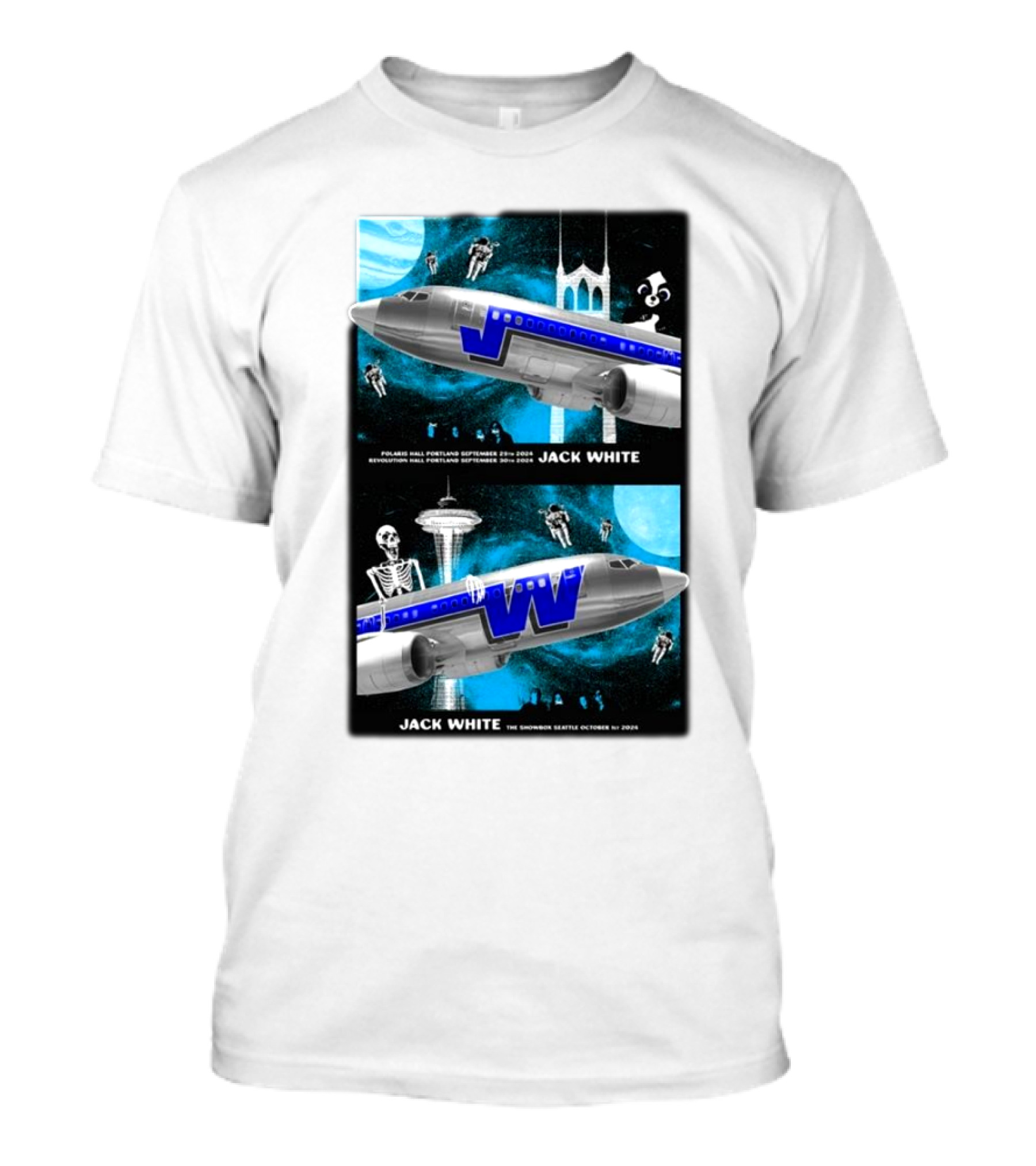 Jack White Portland September 29-30 Seattle October 1 2024 Tour Poster Skeletons Airplane Seattle Space Needle T-Shirt