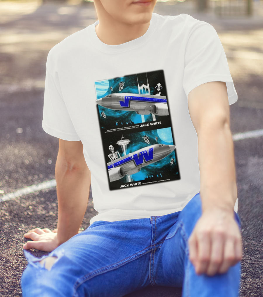 Jack White Portland September 29-30 Seattle October 1 2024 Tour Poster Skeletons Airplane Seattle Space Needle T-Shirt